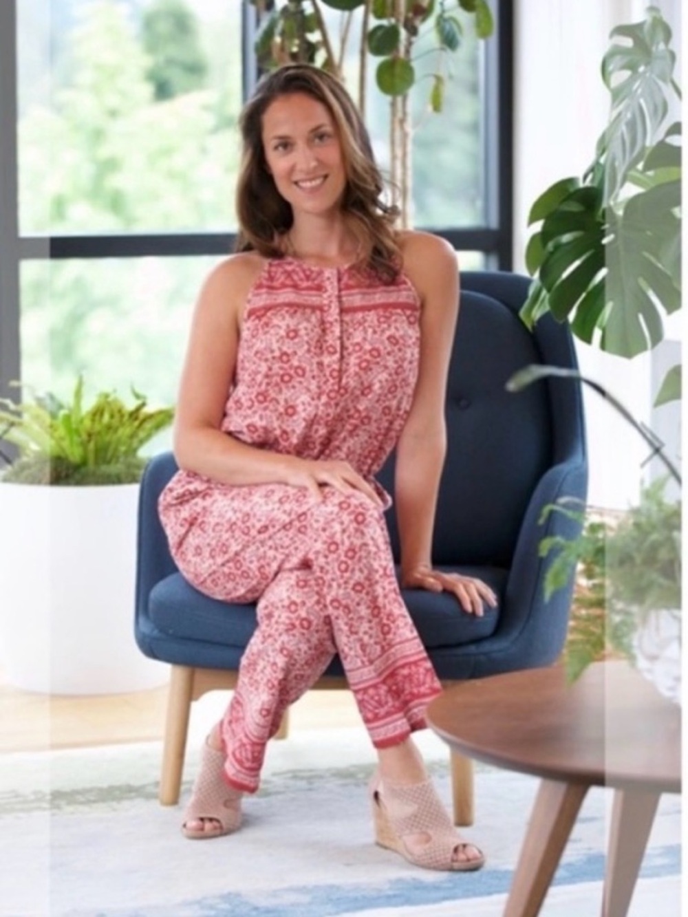 faherty adella pink floral printed cotton jumpsuit